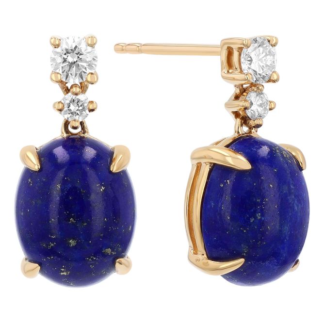 Oval Lapis Lazuli & Diamond Dangle Earrings in Yellow Gold