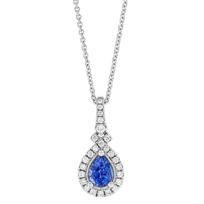 Pear Shape Sapphire & Diamond Halo Pendant in White Gold, 18"