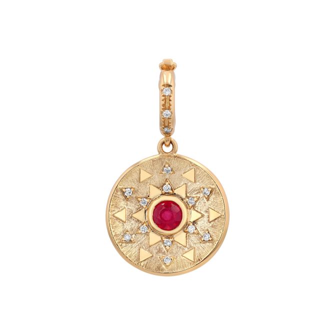 Harwell Godfrey Ruby & Diamond Mini Sun Charm Pendant in Yellow Gold