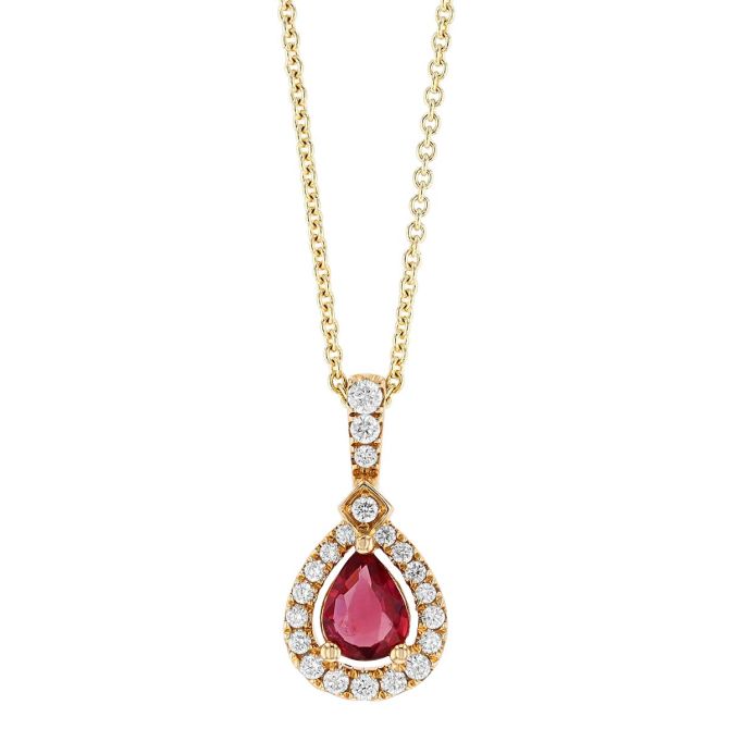 Pear Shape Ruby & Diamond Halo Pendant in Yellow Gold, 18"