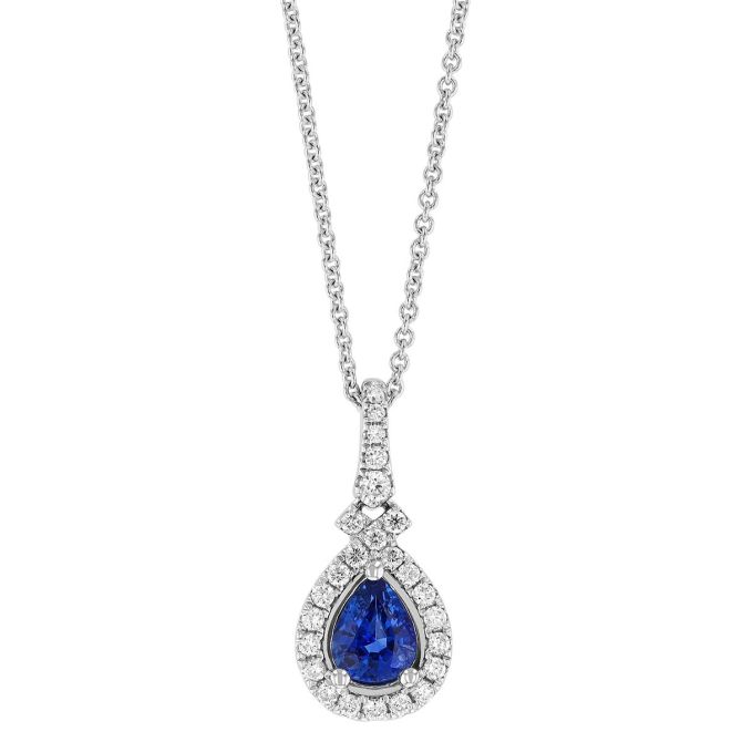 Pear Shape Sapphire & Diamond Halo Pendant in White Gold, 18"