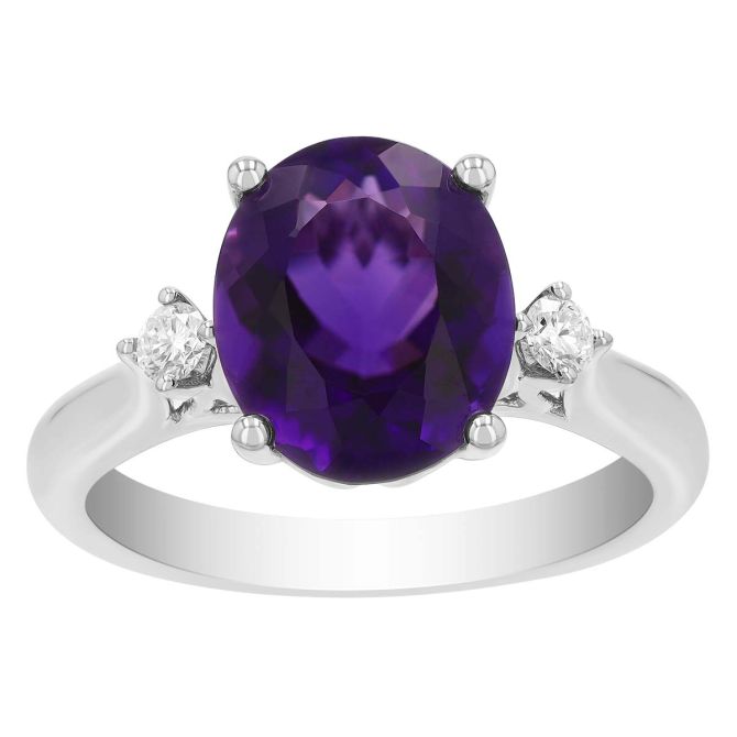 Oval Amethyst & Diamond Side Stone Ring in White Gold