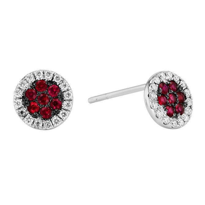 Ruby Cluster & Diamond Halo Round Stud Earrings in White Gold & Black Rhodium