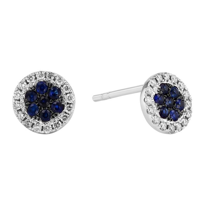 Sapphire Cluster & Diamond Halo Round Stud Earrings in White Gold & Black Rhodium