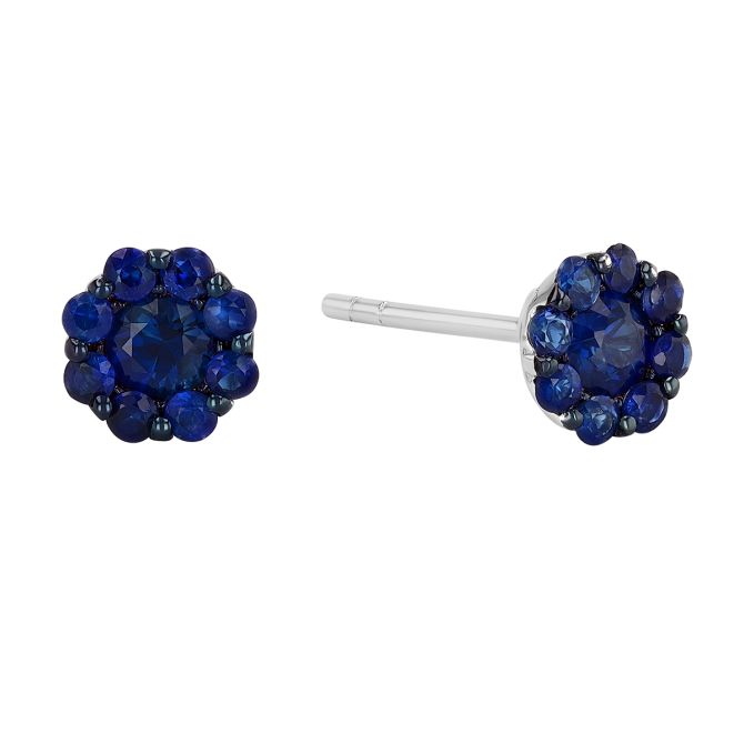 Sapphire & Halo Cluster Stud Earrings in Black Rhodium & White Gold