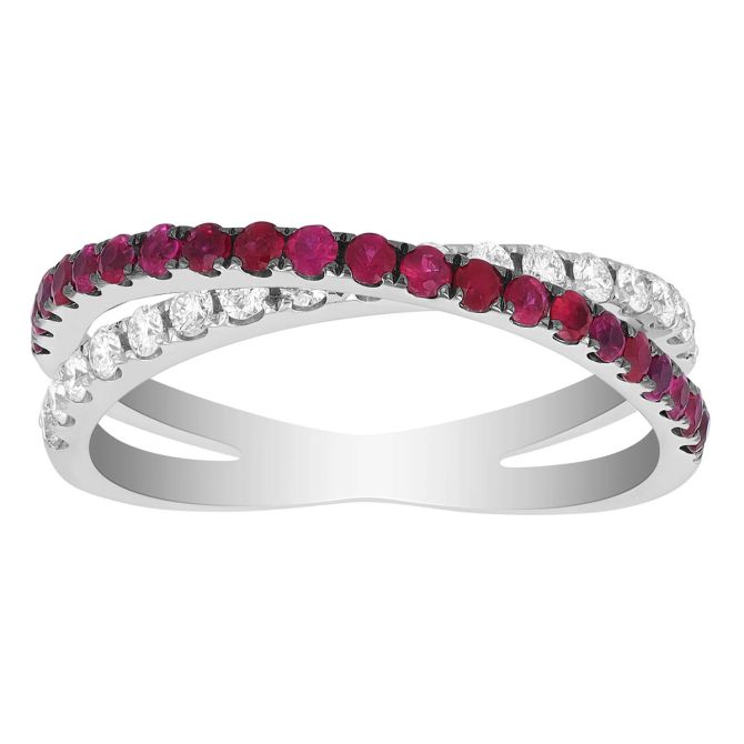 Ruby & Diamond Crossover Ring in White Gold & Black Rhodium