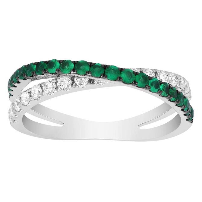 Emerald & Diamond Crossover Ring in White Gold & Black Rhodium