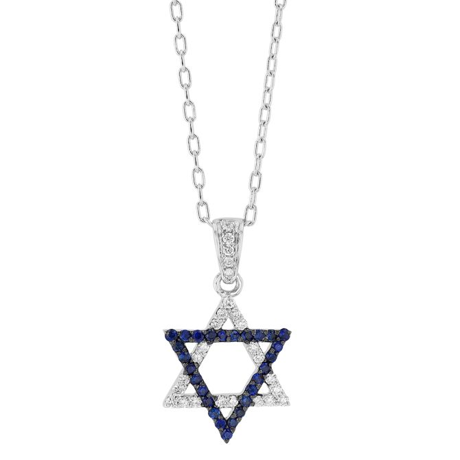 Sapphire & Diamond Star of David Pendant in White Gold & Black Rhodium