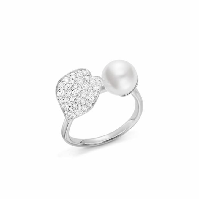 Mikimoto Akoya Cultured Pearl & Diamond Pave Leaf Ring in White Gold