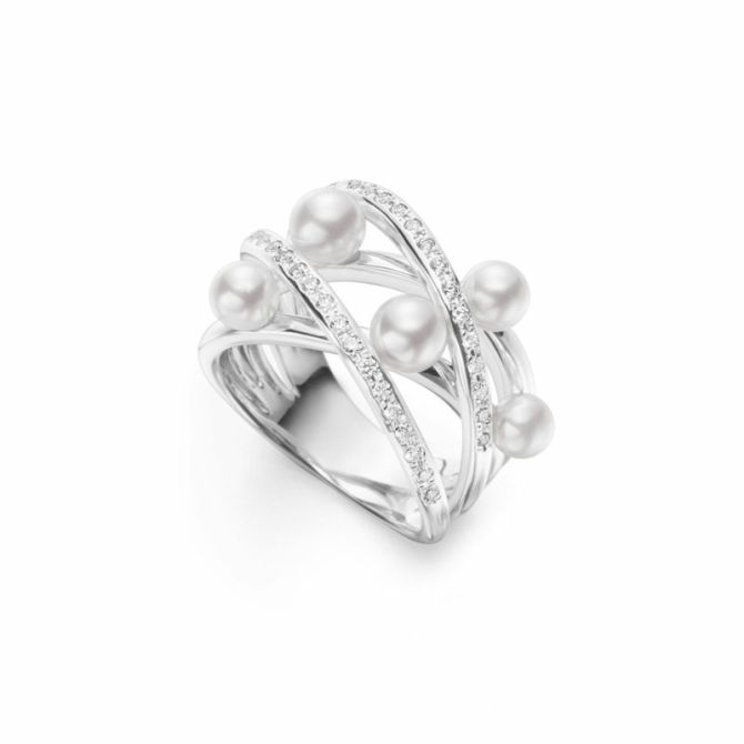 Mikimoto Akoya Cultured Pearl & Diamond Cluster Crossover Ring in White Gold