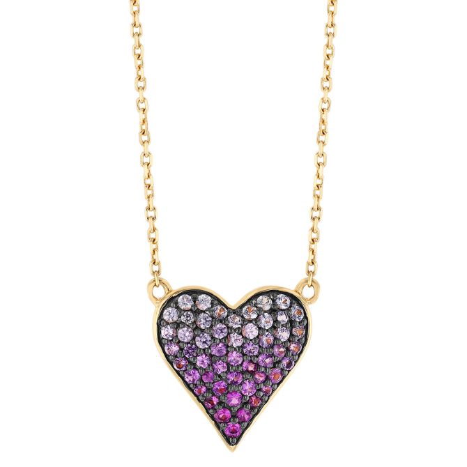 Pink Sapphire Ombre Heart Pendant in Yellow Gold & Black Rhodium, 18"