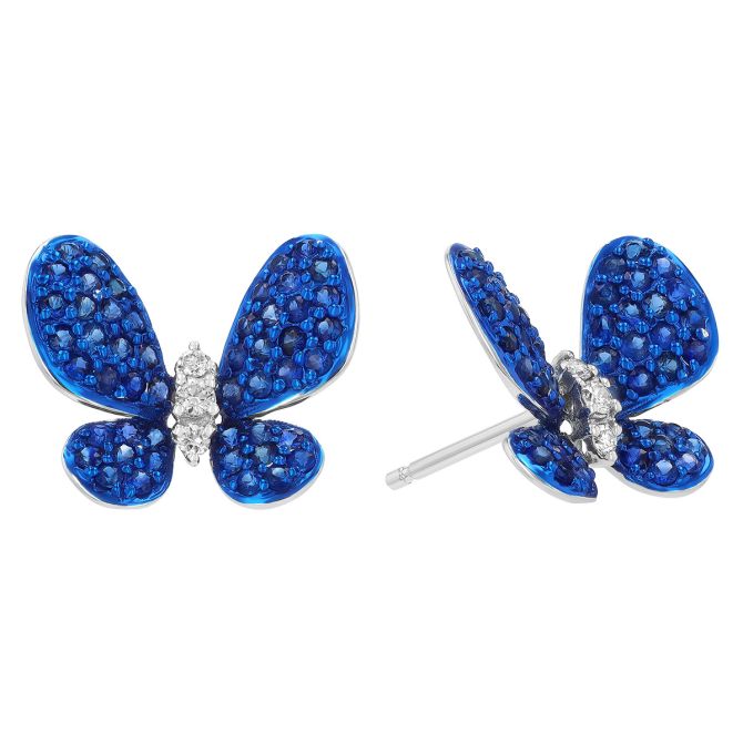 Sapphire Pave & Diamond Butterfly Stud Earrings in White Gold