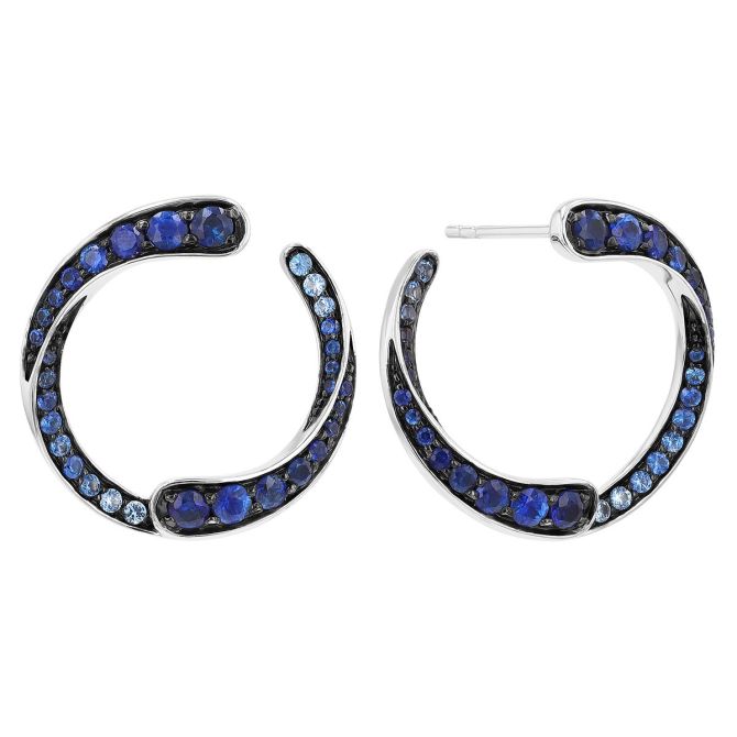 Graduated Sapphire Ombre Swirl Open Hoop Earrings in White Gold & Black Rhodium