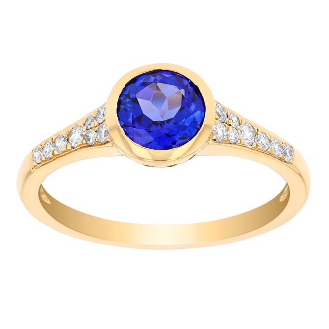 Bezel Set Round Tanzanite & Diamond Ring in Yellow Gold