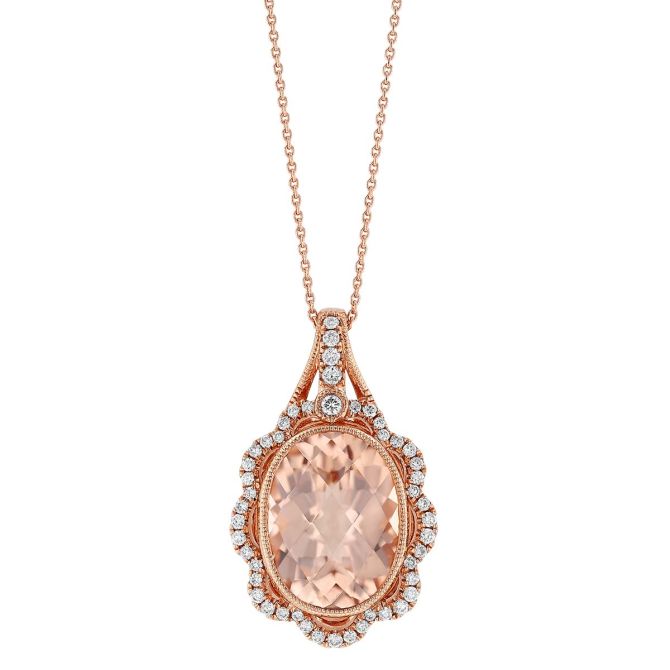 Oval Morganite & Diamond Scalloped Halo Pendant in Rose Gold