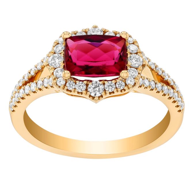 Cushion Cut Tourmaline & Diamond Halo Split Band Ring in Yellow Gold