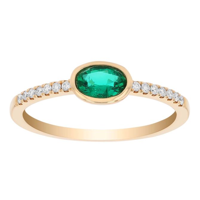 Oval Bezel Set Emerald & Diamond Ring in Yellow Gold