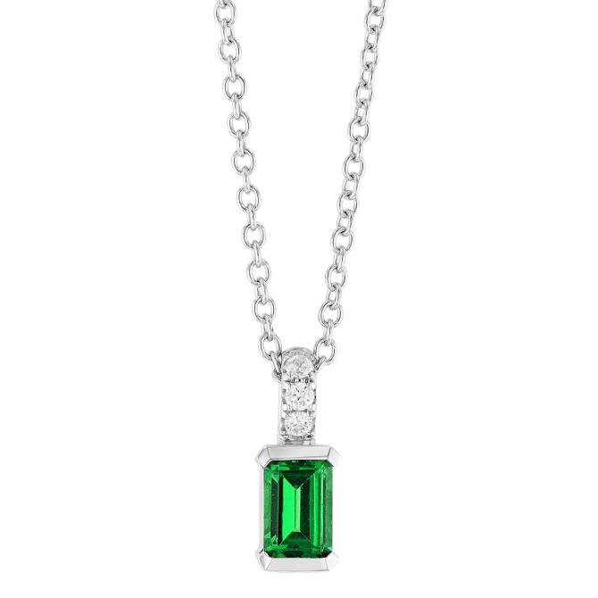 Emerald Cut Tsavorite Garnet & Diamond Pendant in White Gold