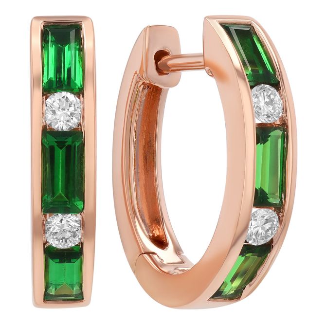 Baguette Tsavorite Garnet & Diamond Alternating Channel Set Huggie Hoop Earrings in Rose Gold