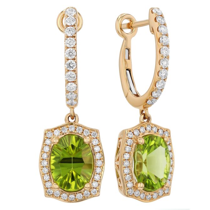 Oval Peridot & Diamond Squared Halo Dangle Hoop Earrings in Yellow Gold