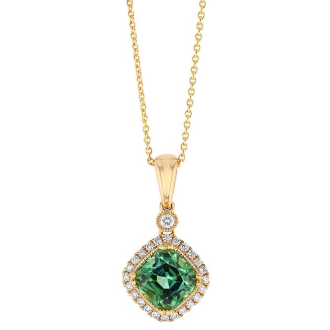 Cushion Tourmaline & Diamond Halo Pendant in Yellow Gold, 18"