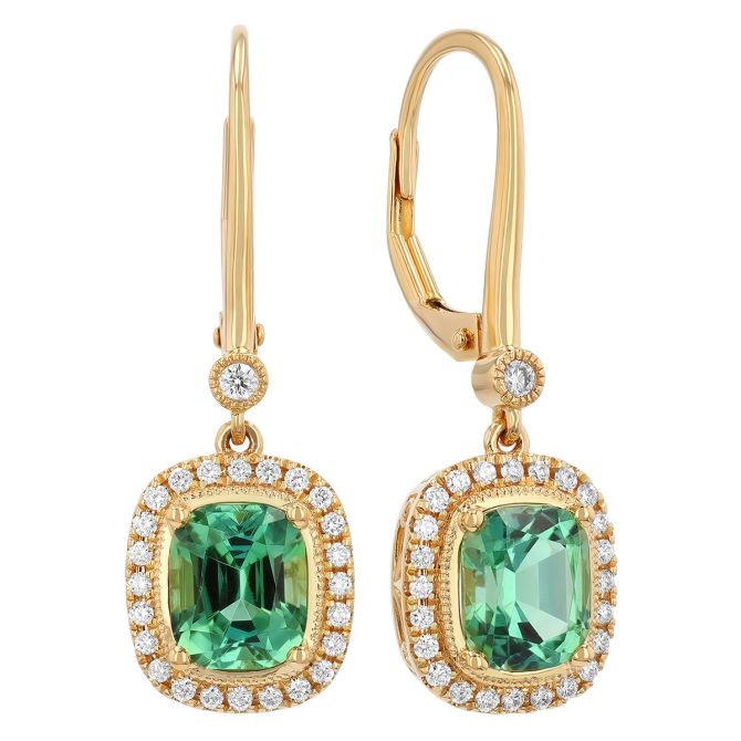 Cushion Tourmaline & Diamond Halo Drop Earrings in Yellow Gold