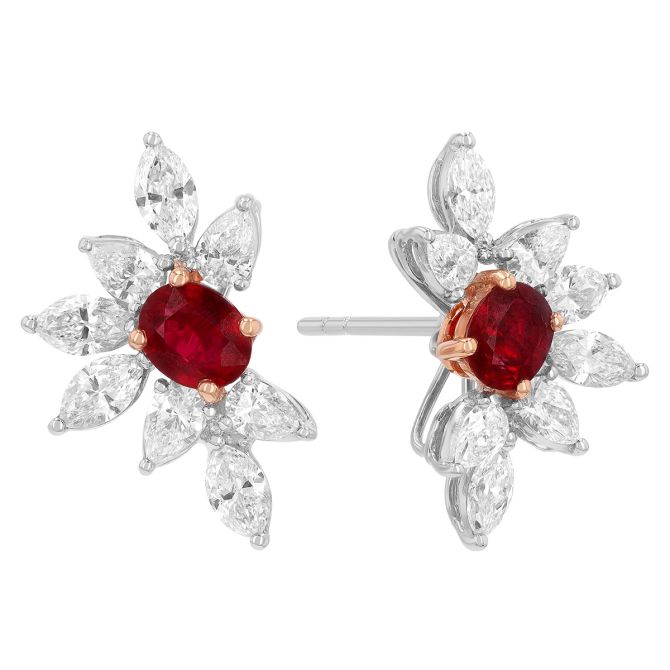 Oval Ruby & Diamond Floral Stud Earrings in Rose & White Gold