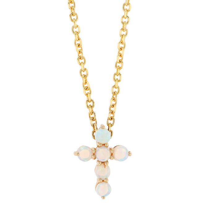 Round Cabochon Opal Cross Pendant in Yellow Gold, 18"