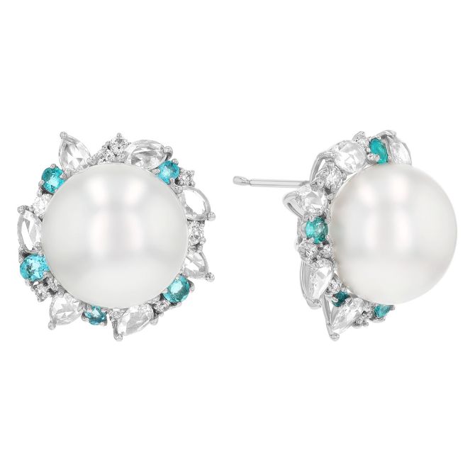 TARA Pearls South Sea Cultured Pearl, Paraiba Tourmaline & Diamond Stud Earrings in White Gold