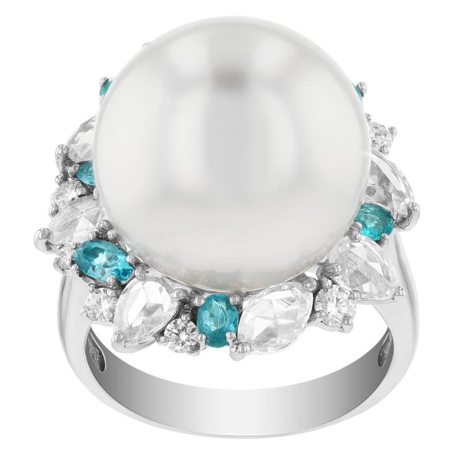 TARA Pearls South Sea Cultured Pearl with Paraiba Tourmaline & Diamond Halo Ring in White Gold