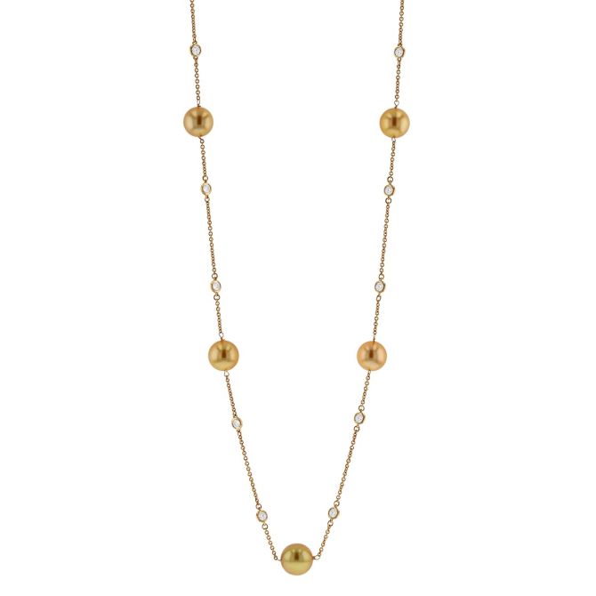 TARA Pearls Golden South Sea Cultured Pearl & Diamond Station Necklace in Yellow Gold, 19.5"