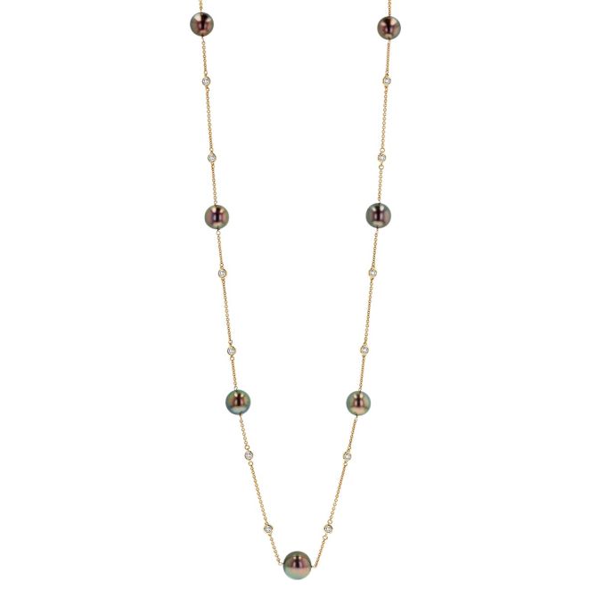 TARA Pearls Tahitian South Sea Cultured Pearl & Diamond Station Necklace in Yellow Gold, 27"