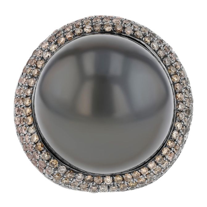 TARA Pearls Tahitian South Sea Cultured Pearl & Brown Diamond Multi Row Halo Ring in White Gold