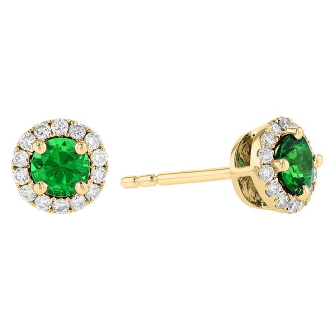 Round Tsavorite Garnet & Diamond Halo Stud Earrings in Yellow Gold