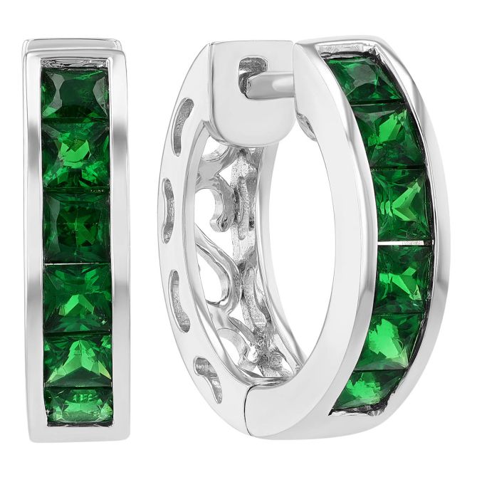 Channel Set Princess Cut Tsavorite Garnet Hoop Earrings in White Gold