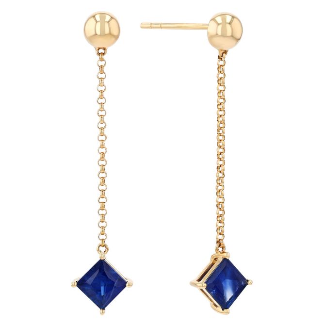 Princess Cut Sapphire Chain Dangle Earrings in Yellow Gold