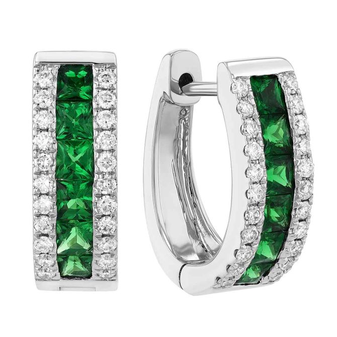 Channel Set Princess Cut Tsavorite Garnet & Diamond Hoop Earrings in White Gold, 1.24 ct