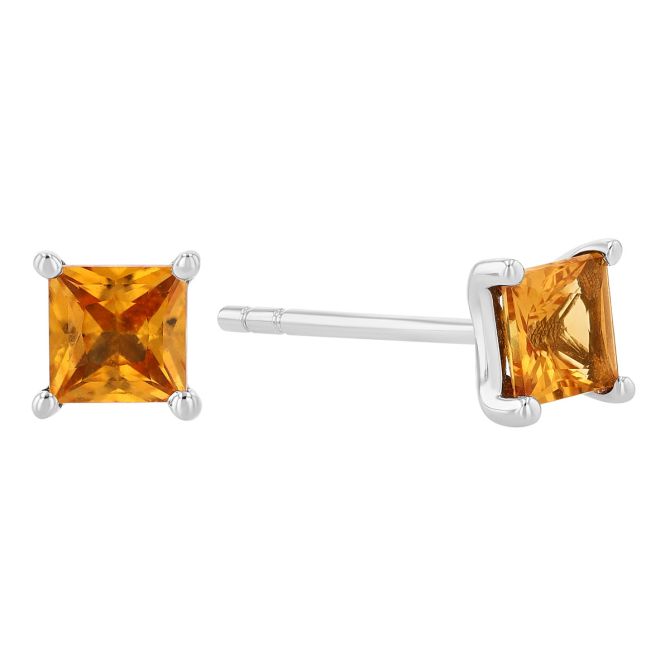 Princess Cut Orange Sapphire Stud Earrings in White Gold