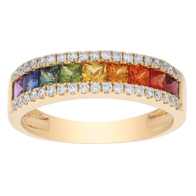 Channel Set Princess Cut Multicolored Sapphire & Diamond Ring in Yellow Gold