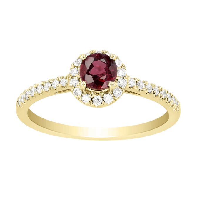 Round Ruby & Diamond Halo Ring in Yellow Gold