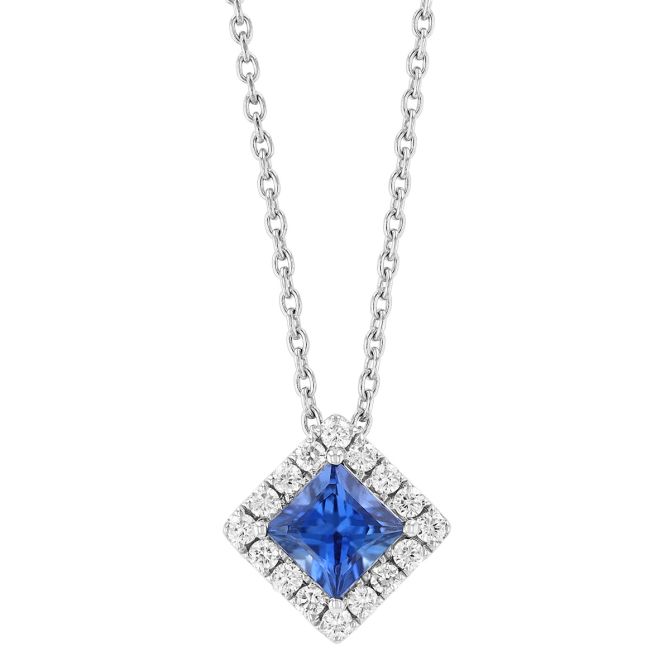 Princess Cut Sapphire & Diamond Halo Pendant in White Gold, 0.52 ct