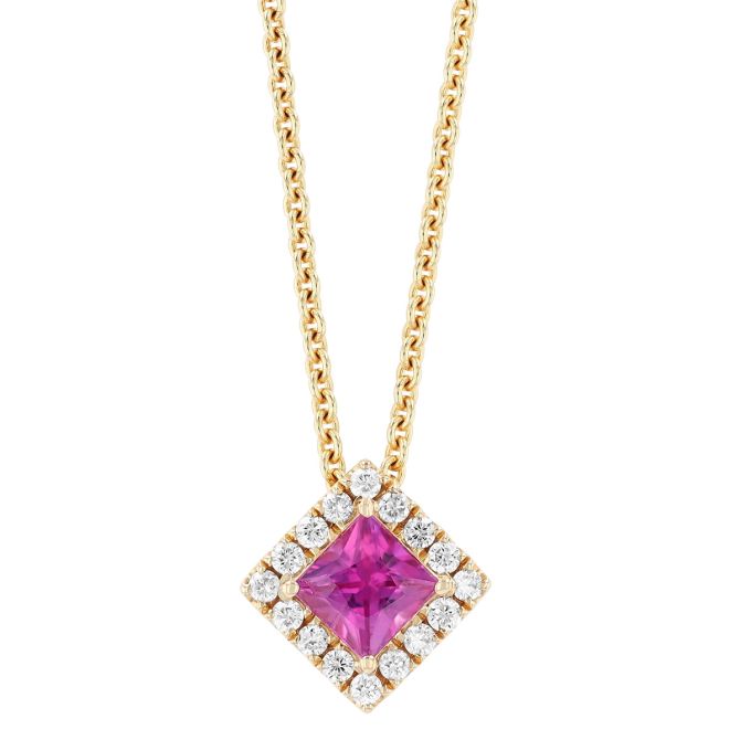 Princess Cut Pink Sapphire & Diamond Halo Pendant in Yellow Gold