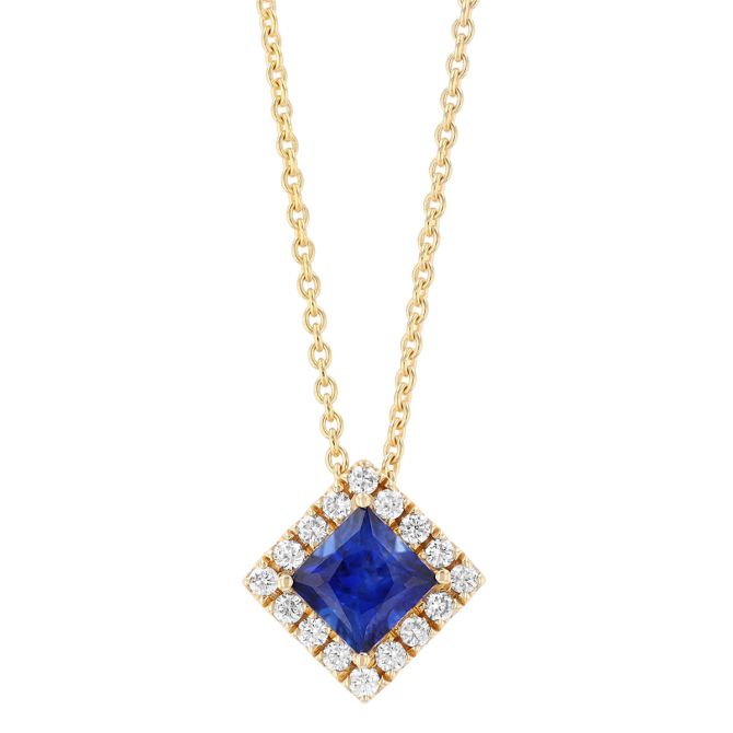 Princess Cut Sapphire & Diamond Halo Pendant in Yellow Gold, 0.61 ct