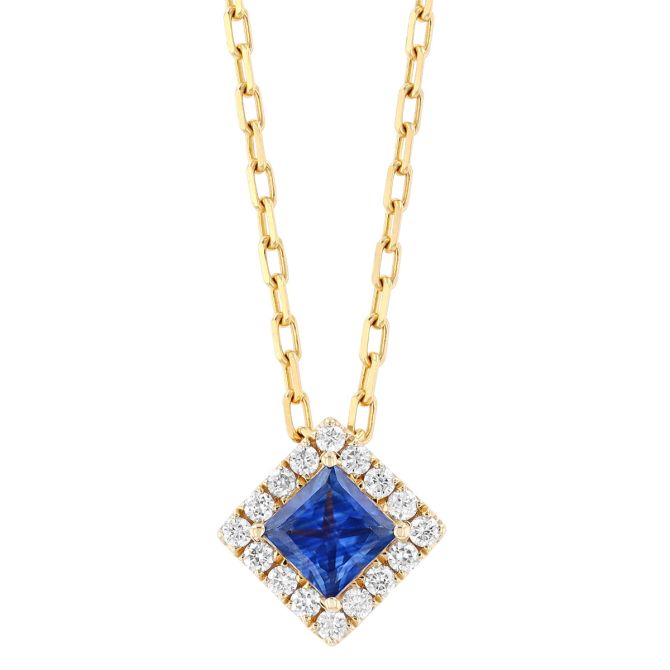 Princess Cut Sapphire & Diamond Halo Pendant in Yellow Gold, 0.47 ct