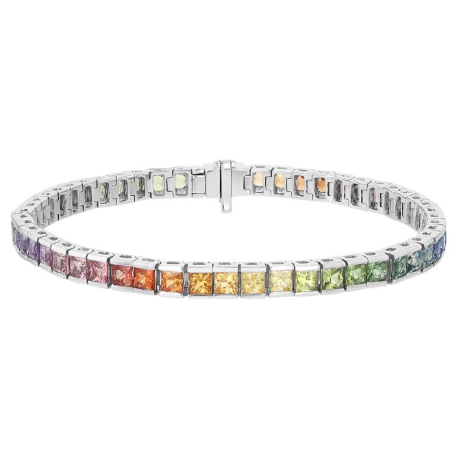 Princess Cut Multicolored Sapphire Tennis Bracelet in White Gold, 7"