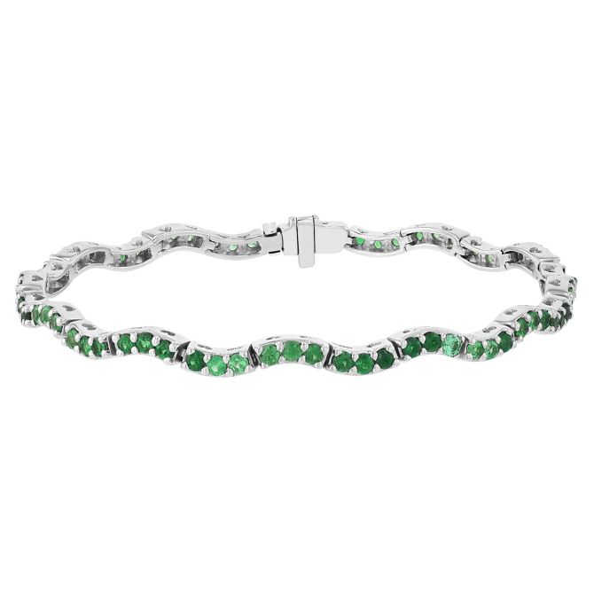 Round Tsavorite Garnet Wave Bangle Bracelet in White Gold, 7"