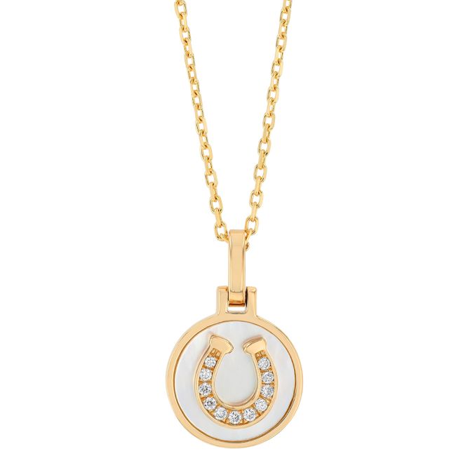 Frederic Sage Mother of Pearl & Diamond Horseshoe Disc Pendant in Yellow Gold, 18"