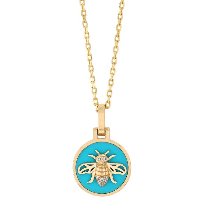 Frederic Sage Turquoise & Diamond Bee Disc Pendant in Yellow Gold, 18"