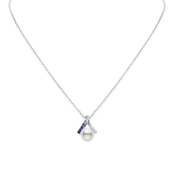 Mikimoto Ocean Akoya Cultured Pearl Pendant with Sapphires & Diamonds in White Gold, 18"