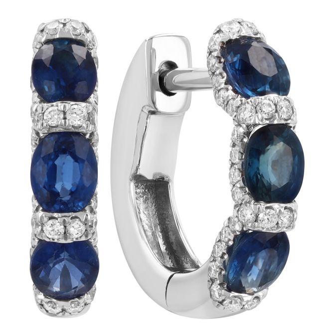 Oval Sapphire & Diamond Contour Halo Huggie Hoop Earrings in White Gold